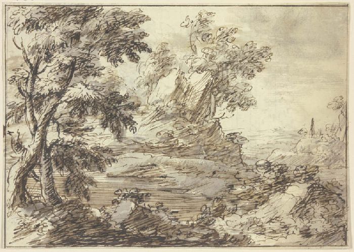Bäume, im Vordergrund ein Fluss und Figuren, von denen eine in einem Boot steht od Anonym