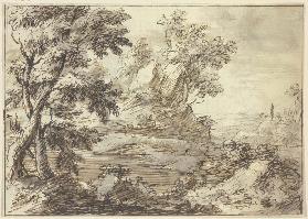 Bäume, im Vordergrund ein Fluss und Figuren, von denen eine in einem Boot steht