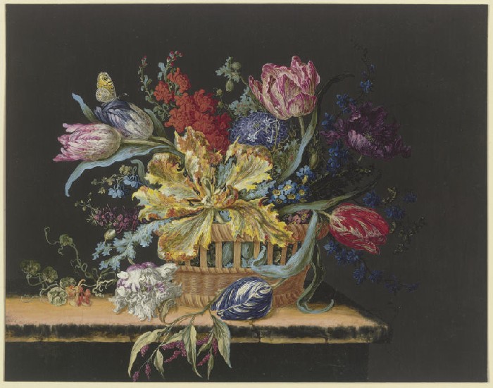 Blumenkorb mit Tulpen, Levkojen, Rittersporn und anderen Blumen auf einem Tisch od Anonym