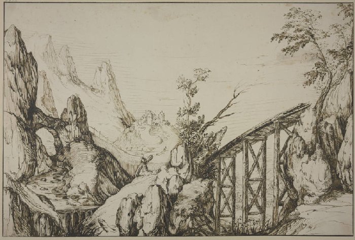 Felsige Landschaft, rechts eine steile Holzbrücke od Anonym