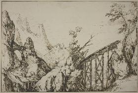 Felsige Landschaft, rechts eine steile Holzbrücke