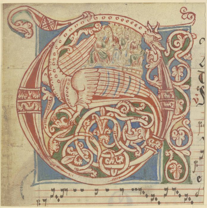 Initiale C oder G, Ornament mit geflügltem Drachen (verso Textfragment) od Anonym