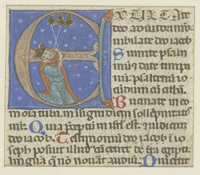Initiale E: Darin ein kniender Mann mit Krone, drei Glocken läutend (verso Textfragment) od Anonym