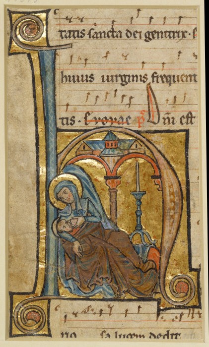 Initiale H: Maria gibt dem Jesuskind die Brust od Anonym