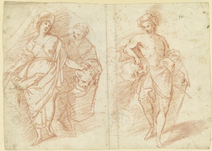 Links Judith mit dem Haupt des Holofernes, rechts David mit dem Haupt des Goliath od Anonym