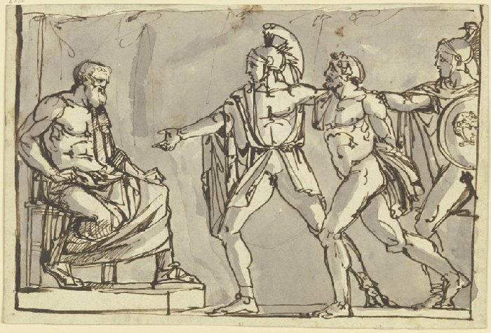 Szene aus der griechischen oder römischen Sage: Ein Gefangener wird von zwei Kriegern dem König vorg od Anonym