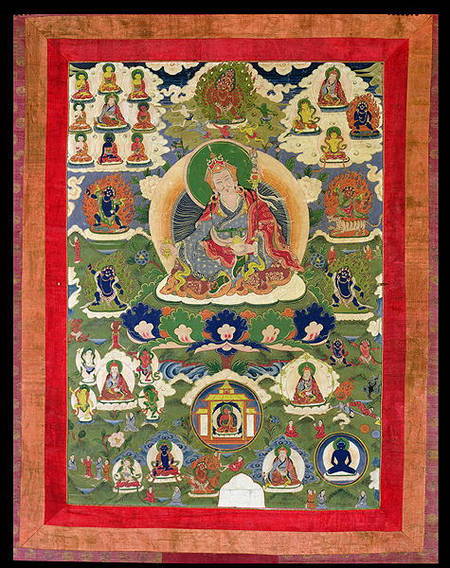 1952/3 Thangka of Padmasambhava with thirty-one major and several minor Figures depicting Padmasambh od Anonymous