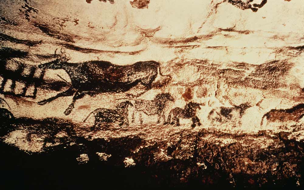Rock painting of a leaping cow and a frieze of small horses od Anonymous