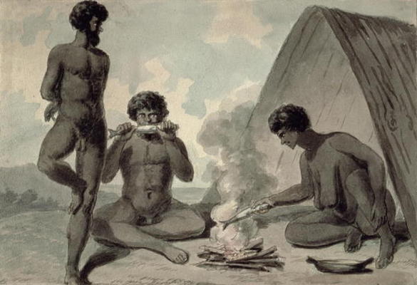 Aborigines eating fish in front of a campfire, possibly by Philip Gidley King (1758-1808) (w/c) od Anonymous