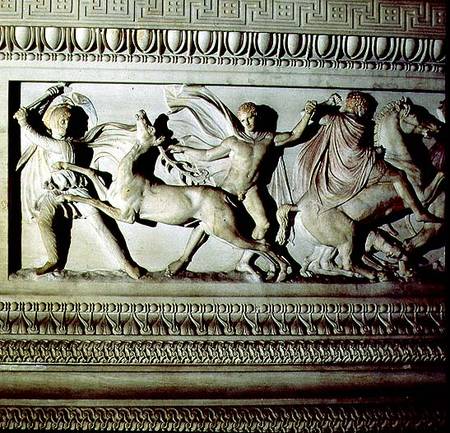 Alexander Sarcophagusdetail of frieze depicting two men killing a deer od Anonymous