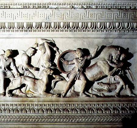 Alexander Sarcophagusdetail of soldiers attacking a lion od Anonymous