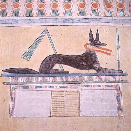 Anubis, Egyptian god of the dead, lying on top of a sarcophagus, wall painting in the Valley Temple od Anonymous
