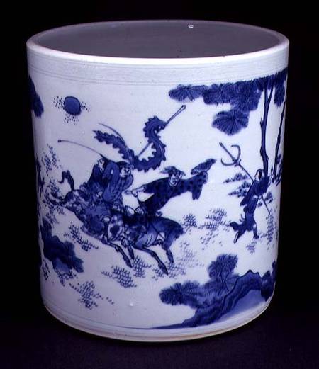 Blue and White Brushpot, painted with horsemen, Chinese,Transitional period od Anonymous