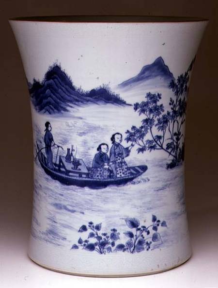 Blue and White Brushpot, painted with ladies in a punt, Chinese,Transitional period od Anonymous