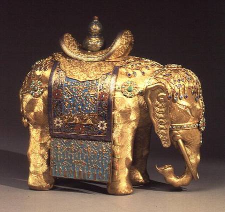 Chinese gilt-bronze figure of an elephant, with enamel trappings and coral and turquoise cabochons, od Anonymous