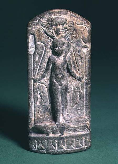 Cippus depicting a nude sun-god Horus on the front, holding sceptres and snakes in both hands and st od Anonymous