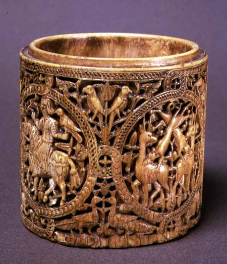 Cylindrical box (with missing lid) with carved decoration of hunting scenesSpanish od Anonymous