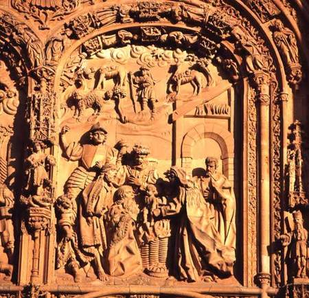 Detail of the exterior of San Estabandepicting the Adoration of the Magi od Anonymous
