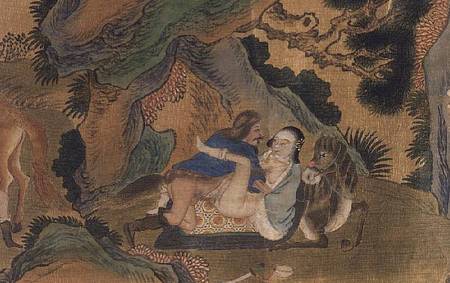 Erotic depiction of lovers using a reclining horse as a bed, from a series depicting the lives of Mo od Anonymous