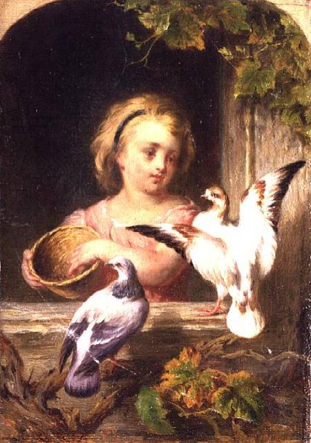 Girl Feeding Pigeons signed G.J.H. od Anonymous