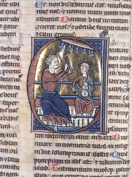 Historiated initial 'C' depicting two musicians, one playing the viol and the other the bell chimes od Anonymous