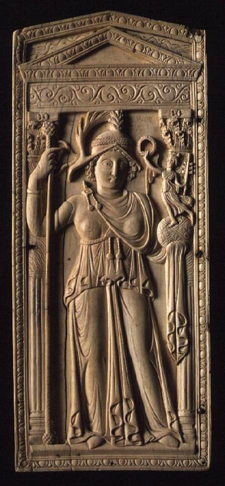 Ivory relief tablet depicting a helmeted Roman goddess holding a sceptre in her right handan orb wit od Anonymous