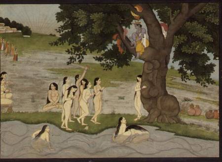 Krishna steals the clothes of Gopies, from the 'Bhagavata purana', Kangra, Himachal Pradesh, Pahari od Anonymous