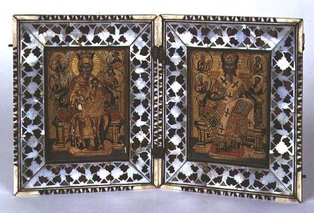 Madonna and Child and Christ Enthroned Byzantine icon with mother-of-pearl and tortoiseshell frame od Anonymous
