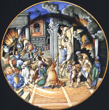 Maiolica plate depicting the burning of Troy with Aeneas carrying his father Anchises on his back wi od Anonymous