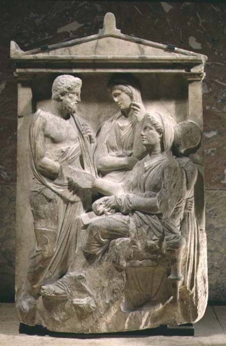 Phainippos and Mnesarete gravestone showing family reunion and hand-shake, Classical Greek od Anonymous