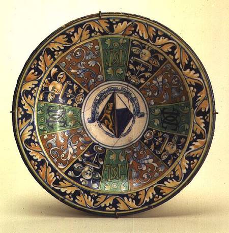 Plate, with conjugal coat of arms of a widow, from the workshop of Antoine Sigalon (1524-90),Nimes od Anonymous