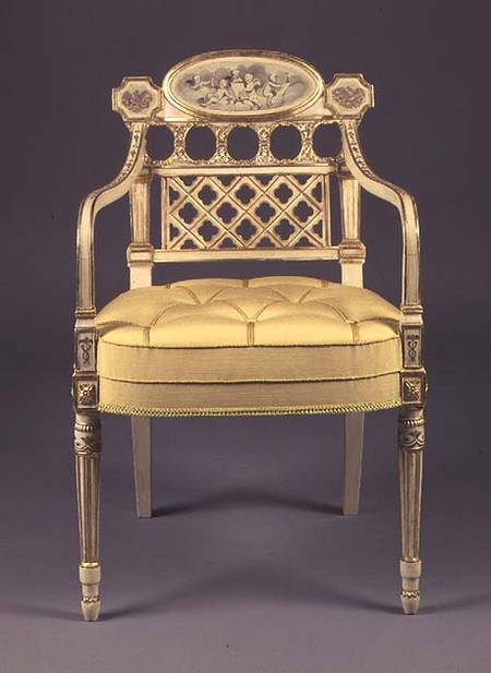 Recency armchair, cream-painted,parcel-gilt frame with grisaille painting of cherubs on oval tablet od Anonymous