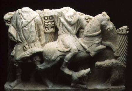 Roman fragmentary relief from a large sarcophagus depicting a boar hunt in high relief od Anonymous