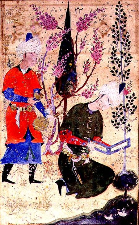 A seated prince reading whilst a servant serves wine, Persian, Bokhara School od Anonymous