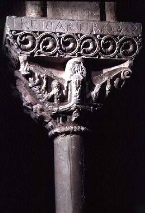 Column capital depicting the crucifixion of St. Peterfrom the cloister