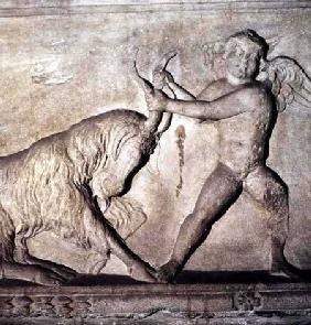 Detail from a Greek sarcophagus from Lydia depicting a putto wrestling with a goat