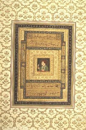 Jahangir holding a picture of the Madonna, inscribed in Persian: Jahangir Shah,Moghul