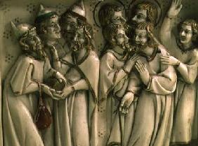 Judas receiving thirty pieces of silver, detail of ivory diptych,French