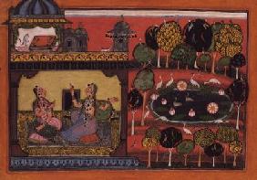 Two ladies converse in a palace seated on carpets, the palace gardens display flowering trees, a a l