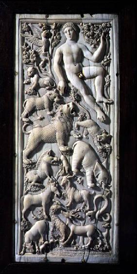 Panel depicting Adam in Paradise with the animalsItalian
