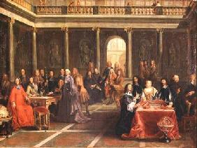 Queen Christina of Sweden (1626-89) surrounded by courtiers and men of learning