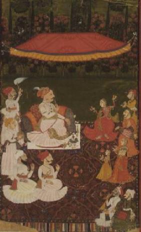 Raja Umed Singh (1771-1819) enjoys a dance performance, inscribed top and in reverse in Devanagari,