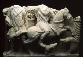 Roman fragmentary relief from a large sarcophagus depicting a boar hunt in high relief