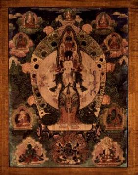 Thangka of Aryavalokiteshvara in 1,000-armed form with ten figures