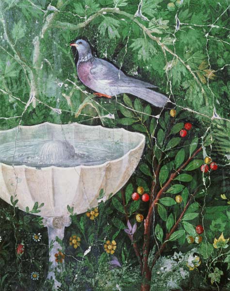 Wall painting of a dove in a garden by a fountain od Anonymus