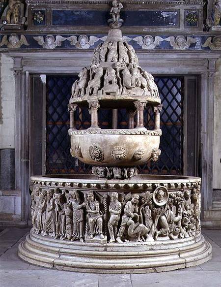 Font in the form of a fountain covered by a tempietto and with carved reliefs depicting the Story of od Anonymus