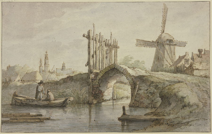 Abgegatterte spitzbogige Kanalbrücke, rechts eine Windmühle, links in einem Kahn zwei Angler od Anthonie van Borssom