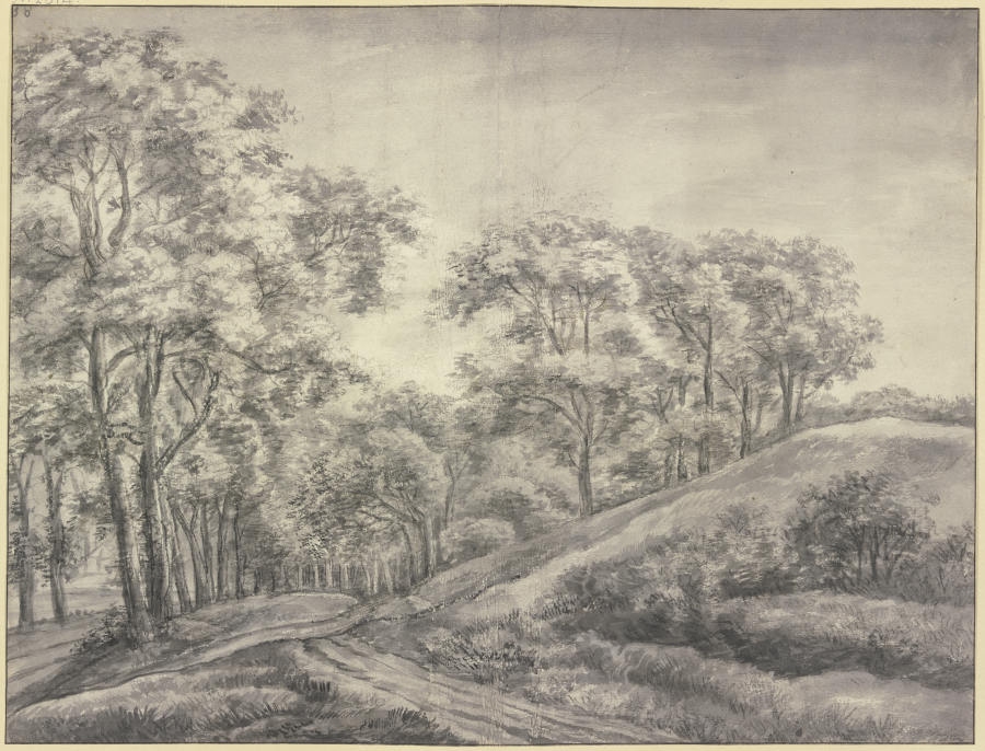 Waldpartie, ein Weg schlängelt sich an einem rechts liegenden baumlosen Hügel vorbei in einen Laubwa od Anthonie Waterloo