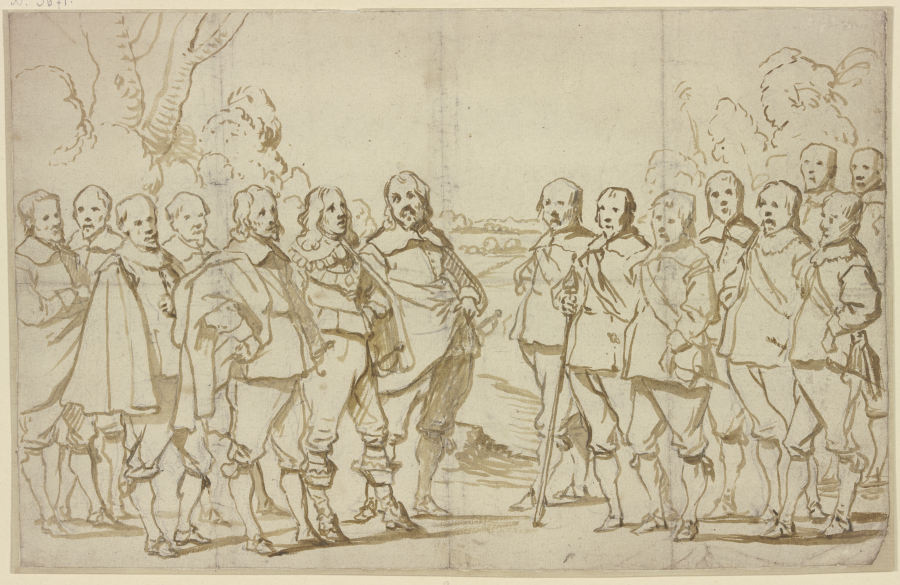 Eine Versammlung von vielen Männern, alle in Schuhen und Strümpfen, nur einer in Stiefeln od Anthonis van Dyck