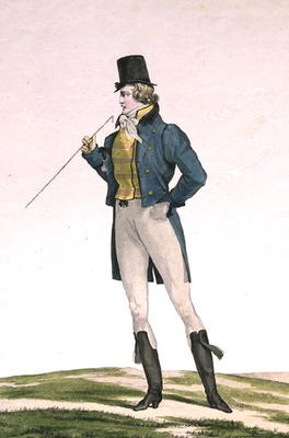 A Dandy in a Robinson hat, with childlike curls, knitted trousers, and riding boots, plate 5 in the od Antoine Charles Horace Vernet